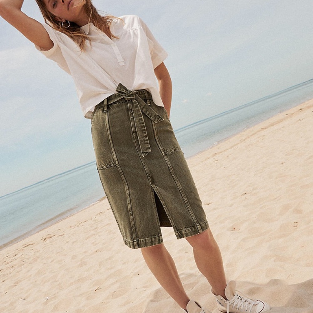 •Madewell•NWT Olive Green Denim Belted Midi Skirt